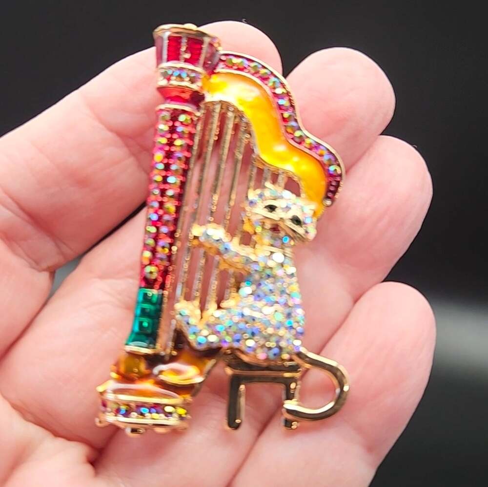 Cat Playing a Harp Brooch Colorful Enamel and Rhinestones